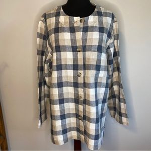 Orvis 100% Linen Top/Jacket Sz.14 Button-up Blue Tan plaid